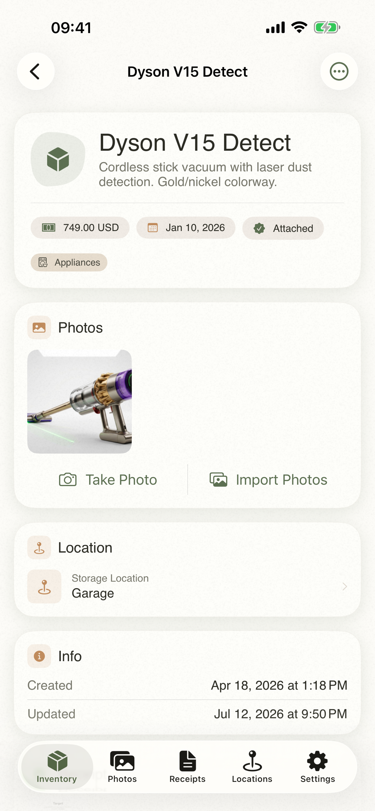 Item Buddy item detail with value, date, and receipt details