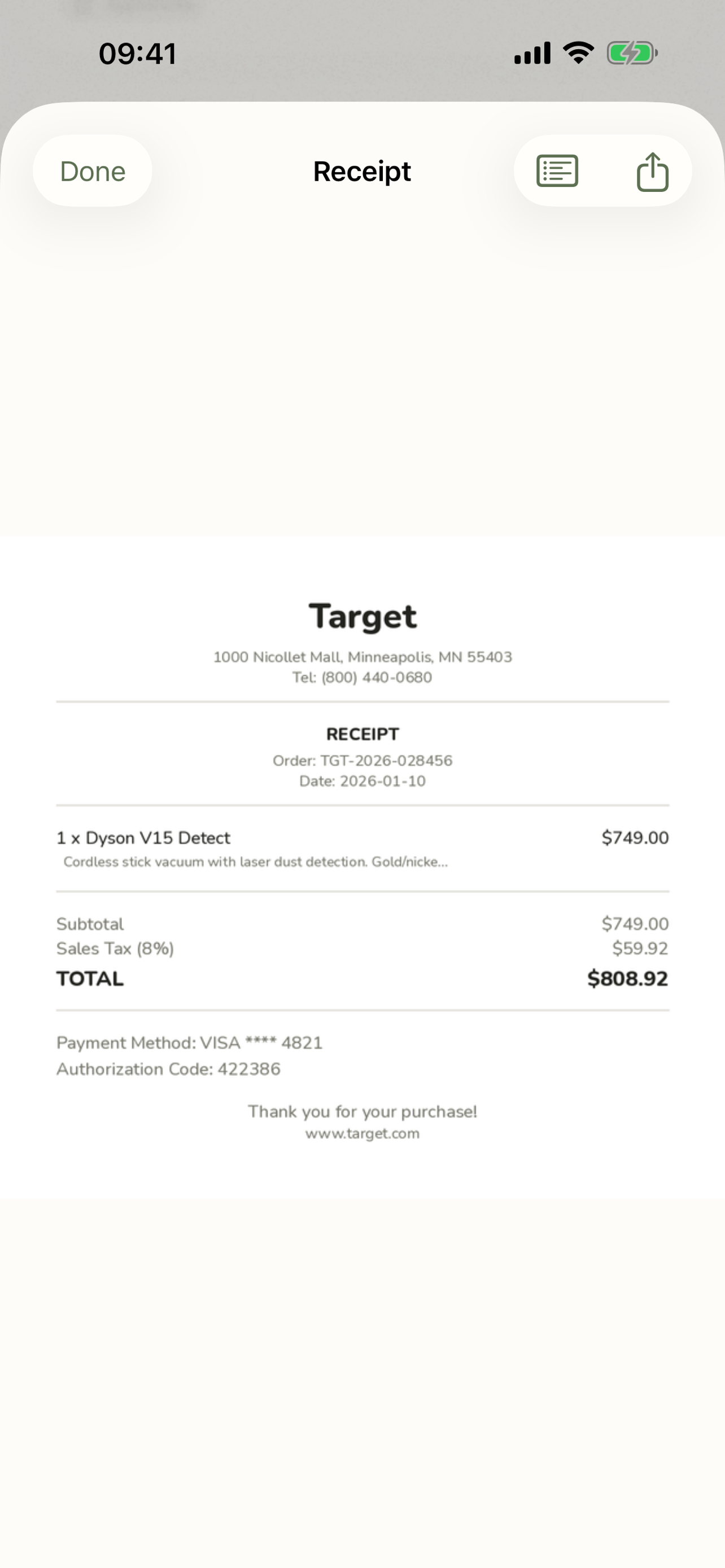 Item Buddy receipt view